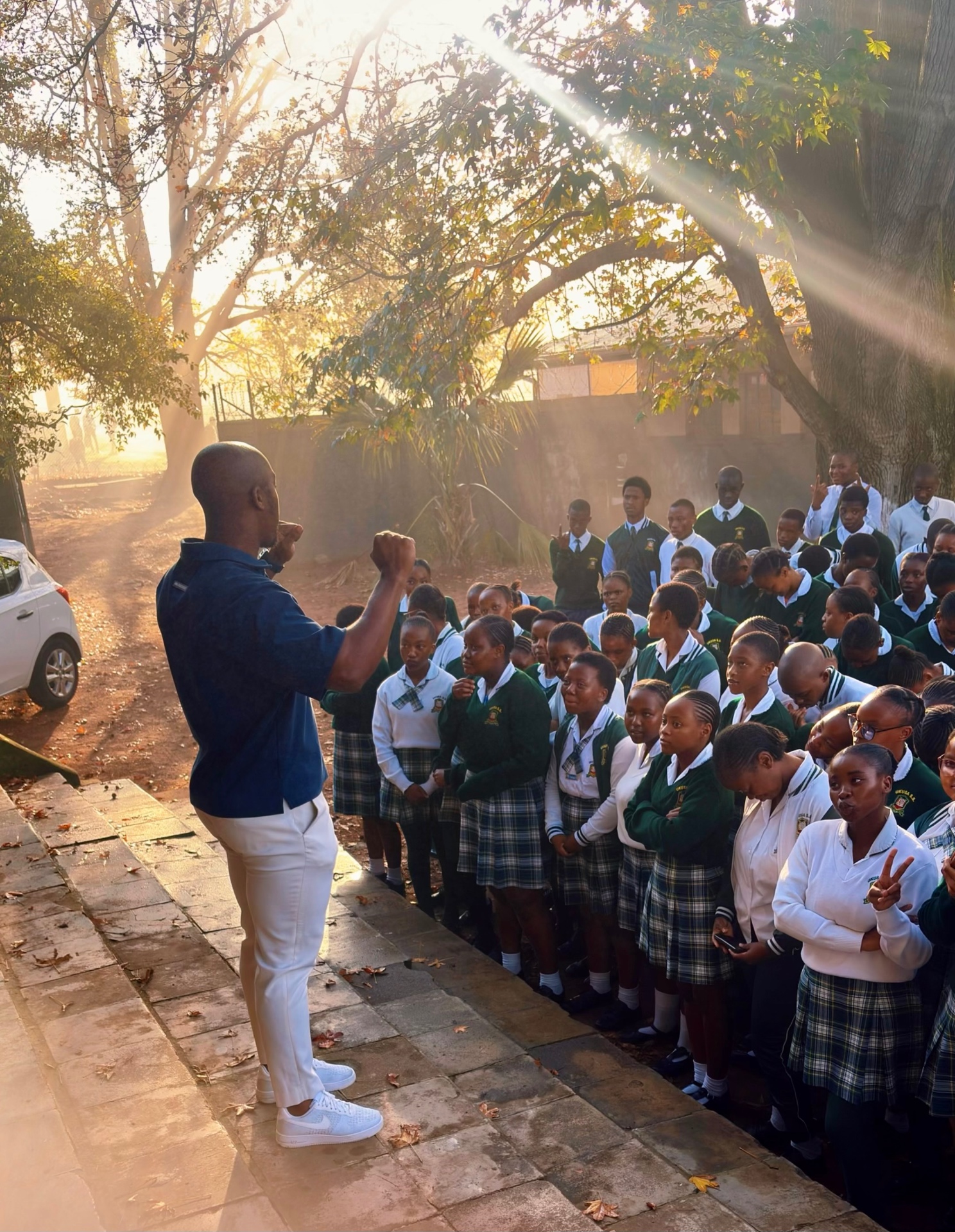 Lindokuhle Shezi addressing learners at a South African high school